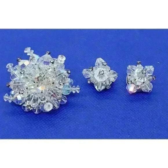 Vintage Brooch Earrings AB Prism Clear Faceted & Rhinestone Head Pins 50s Glam - Picture 5 of 9
